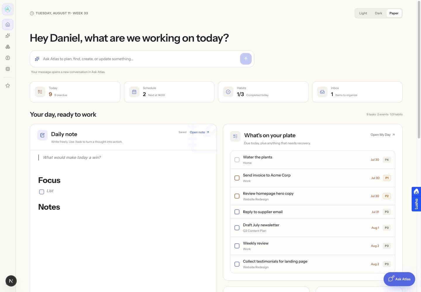 Life Atlas dashboard in the Paper theme, showing today’s plan, tasks, habits and daily note